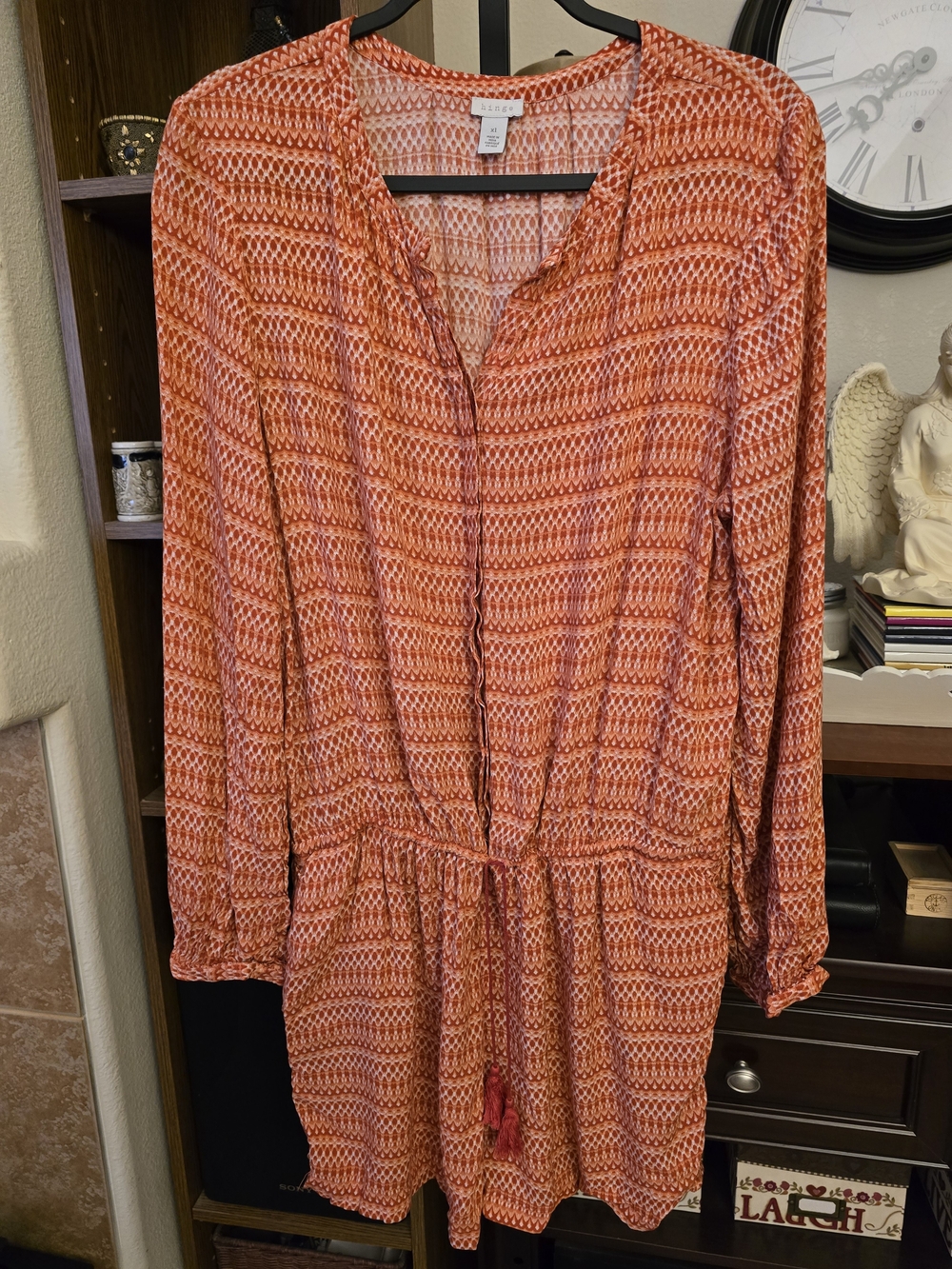 Hinge Romper Orange Geometric Print Long Sleeve V Neck Drawstring Waist Boho XL - Picture 2 of 6